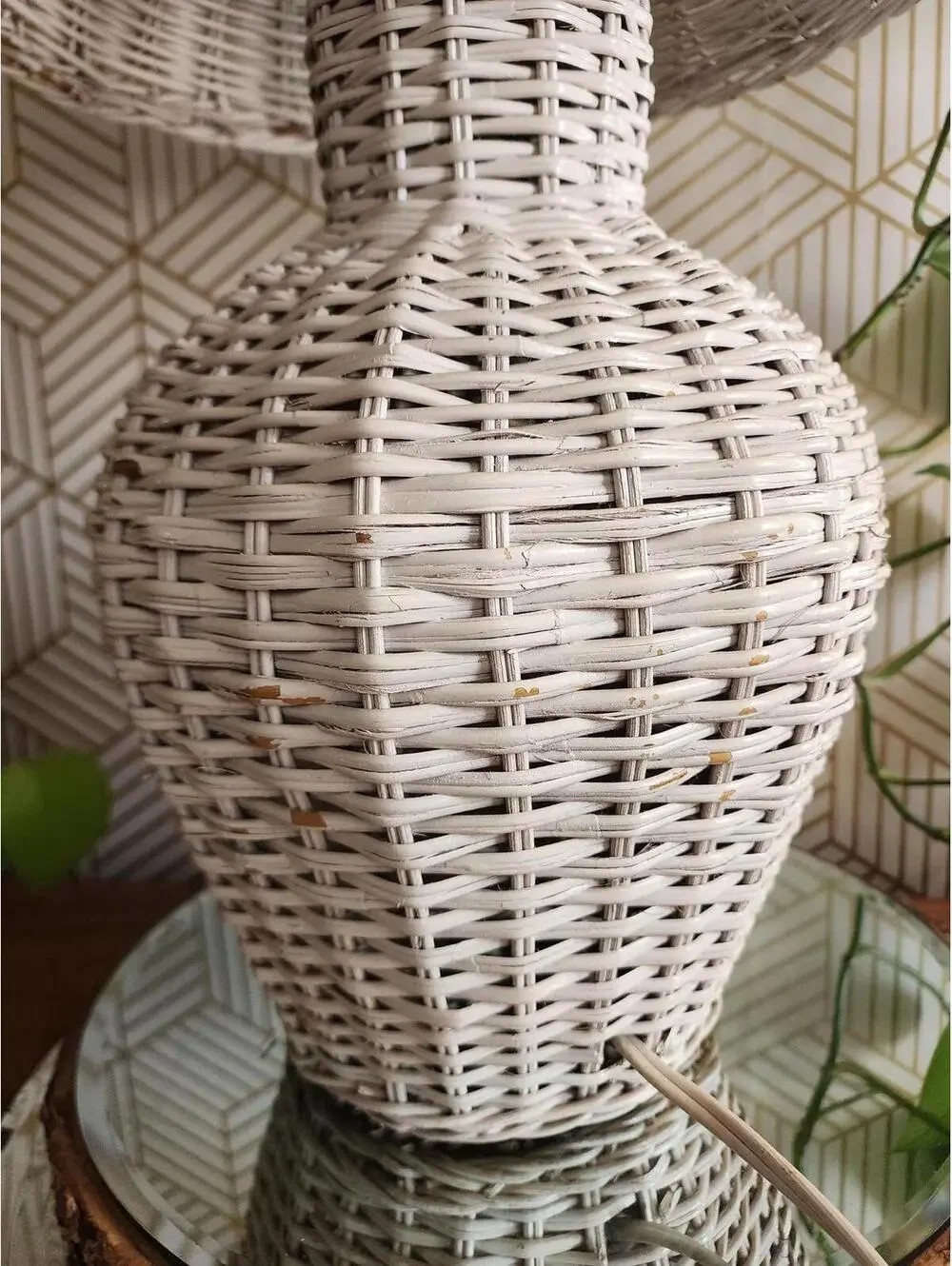 Mid-Century Coastal Boho Chic White Wicker Table Lamp and Shade